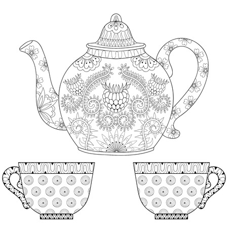 stylized ornamental teapot with cups of tea, hot beverage with artistically doodle elements. Ethnic hand drawn vector illustration for adult coloring pages.のイラスト素材