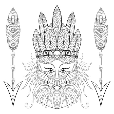Fluffy Cat with wa rbonnet, arrows in style. Freehand boho sketch for adult coloring page, doodle element. Ornament artistic vector illustration for tattoo, t-shirt print. Animal collection.のイラスト素材