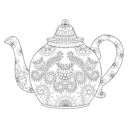 stylized ornamental teapot to make a tea, hot beverage with artistically doodle elements. Ethnic hand drawn vector illustration for adult coloring pages.のイラスト素材