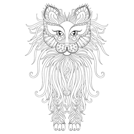 Fluffy Cat in style. Freehand sketch for adult antistress coloring page with doodle elements. Ornamental artistic vector illustration for tattoo, t-shirt print. Animal collection.のイラスト素材