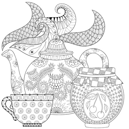 stylized ornamental teapot with steam, cup of tea, jar jam, hot beverage with artistically doodle elements. Ethnic hand drawn vector illustration for adult coloring pages.のイラスト素材