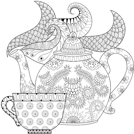 stylized ornamental teapot with steam and cup of tea, hot beverage with artistically doodle elements. Ethnic hand drawn vector illustration for adult coloring pages.のイラスト素材