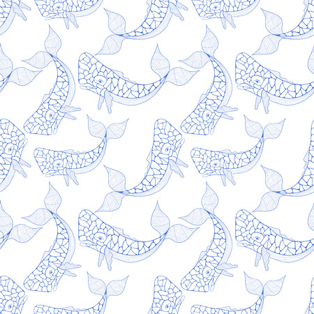 Blue Sperm Whale seamless pattern in style. Freehand sketch for adult coloring page. Ornament artistic vector illustration for t-shirt prints, bags, fabric. Sea and ocean animal collection.のイラスト素材