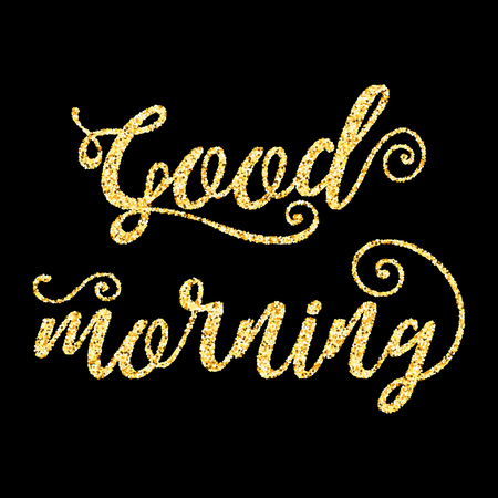 Golden glitter words Good morning on black background, template for typograph banner, calligraphy card, poster, flyer, t-shirt print. Vector gold glittering illustrationのイラスト素材