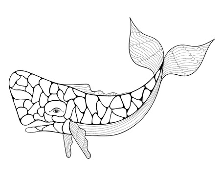 Azores Whale, Cachalot in style. Freehand sketch for adult antistress coloring page. Ornamental artistic vector illustration for tattoo, t-shirt print. Sea and ocean animal collection.のイラスト素材