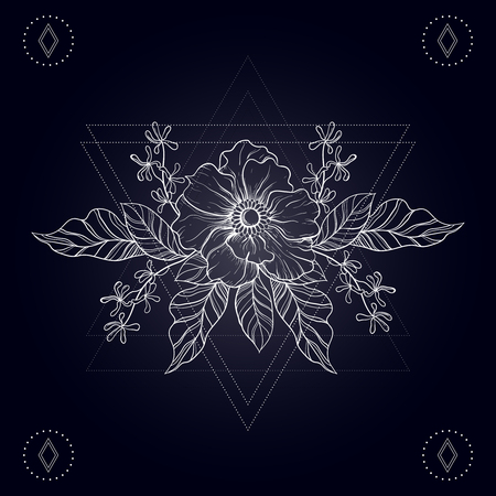 Hand drawn boho tattoo. Sketch of flower in hipster triangles frame. Line art drawing. Vector illustration, tattoo sketch isolated on dark for t-shirt print, poster, textile.のイラスト素材