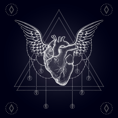 Heart with wings, boho blackwork, dotwork tattoo. Bohemian vector illustration, nautical mystical symbol of love, tattoo design, sketch isolated on dark for t-shirt print, poster, textile.のイラスト素材