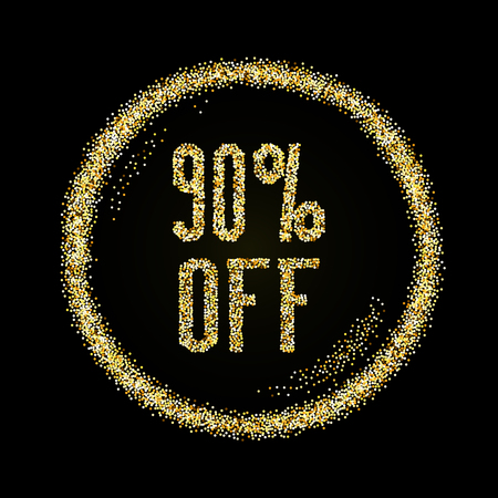 Sale 90 off, discount type on Golden glitter sparkles background, black template for banner, card, poster, flyer, web, header. Vector gold glittering illustrationのイラスト素材