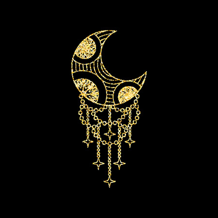 Boho Moon on Golden glitter sparkles background, template for banner, card, poster, flyer, web, header. Vector gold glittering illustrationのイラスト素材