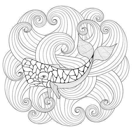 Whale in waves, style. Freehand sketch for adult coloring page with doodle elements. Ornamental artistic vector illustration for tattoo, t-shirt print. Sea and ocean animal collection.のイラスト素材