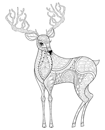 Vector Christmas Reindeer, horned elk for adult antistress coloring pages. Hand drawn illustration for New Year 2017, Christmas greeting cards, posters, invitation. A4 size. Eps10.のイラスト素材