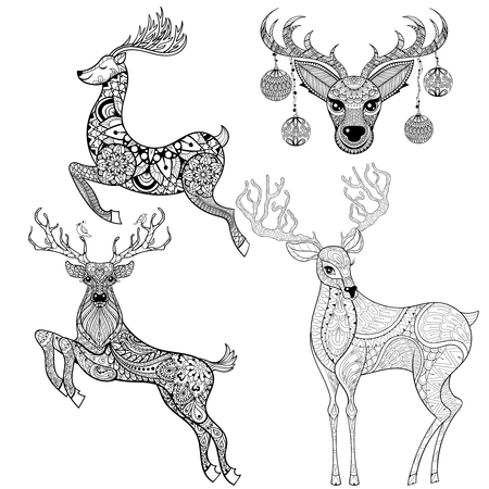 Christmas Reindeer set in patterned style for adult anti stress coloring pages, book, art therapy, tattoo. Vector illustration on white background. Hand drawn sketch.のイラスト素材