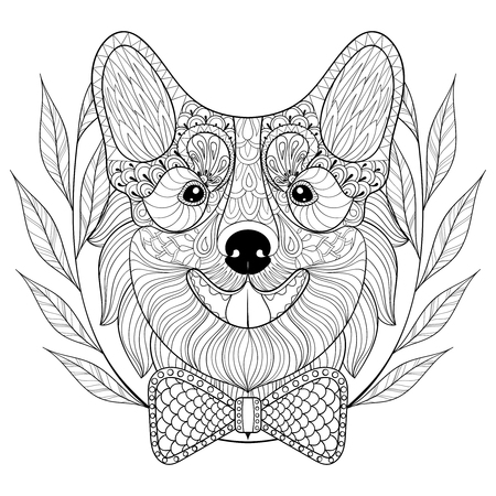 Welsh Corgi with bow tie in wreath, doodle style.  puppy, Dog face illustration for adult antistress coloring page, book, art therapy, for  t-shirt print, tattoo.のイラスト素材