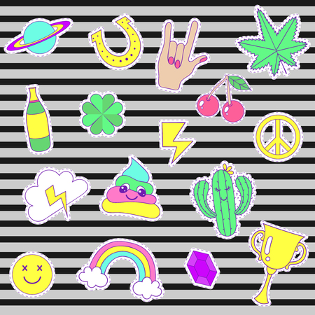 Happy emoji, fashion patches, retro sweet badges with smile, cloud, diamond, rainbow, clover, space. Cute pink, blue bottle , cherry stickers, pins for embroideryのイラスト素材