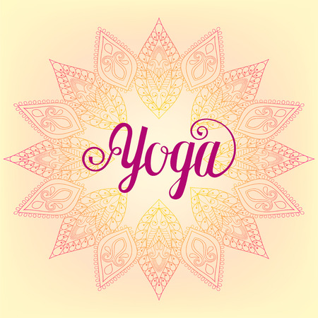Yoga design,template, emblem with leaves and flowers for invitation, yoga gym classes illustration, meditation and Buddhism, beauty and spa holistic centers.のイラスト素材