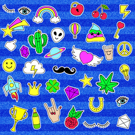 Happy fashion patches, retro badges with lucky clover, heart, star, diamond, eye, rainbow, key, light bulb, cannabis over denim jeans texture with strings and seams. Cute stickers, pins for embroideryのイラスト素材