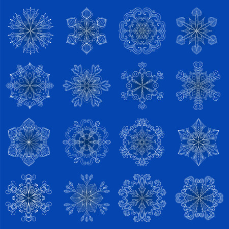 Vector vintage snowflake set in zentangle style. 16 original isolated white snow flakes for Christmas, New Year decoration. Hand drawn doodle objects. Eps10.のイラスト素材