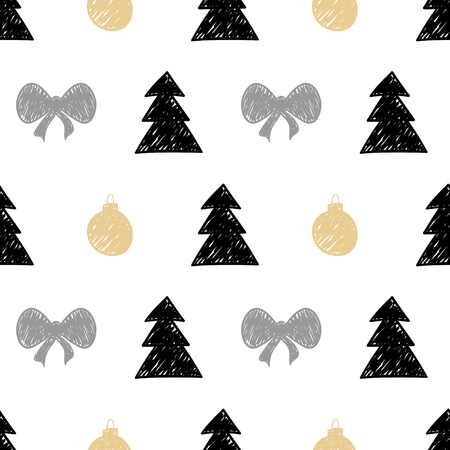 Vector hand drawn Christmas tree, gift ball seamless pattern in ethnic tribal style for textile, fabric, wallpaper design. Abstract background illustration.のイラスト素材