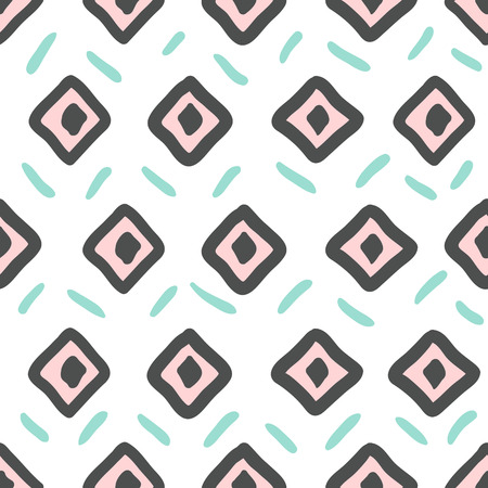 Vector Hand Drawn tribal, ethnic pattern in mexican style for textile, fabric, wrapping paper, wallpaper design. Seamless abstract pastel color freehand rhombus background.のイラスト素材