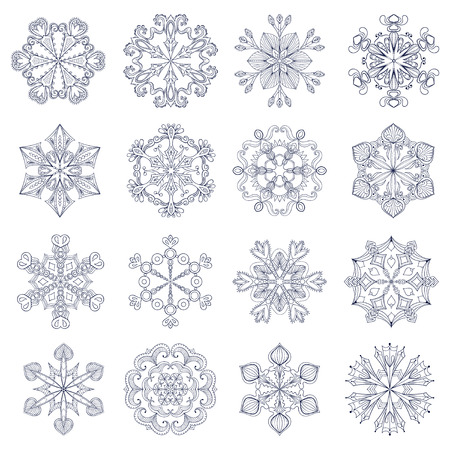 Vector vintage snowflake set in zentangle style. 16 original snow flakes for Christmas, New Year decoration. Hand drawn isolated doodle objects. Eps10.のイラスト素材