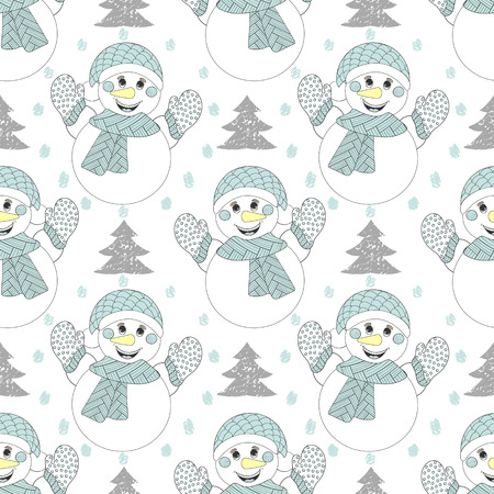 Vector happy snowman seamless pattern. Hand drawn modern Christmas illustration for adult coloring book, for New Year 2017 posters and greeting cardsのイラスト素材