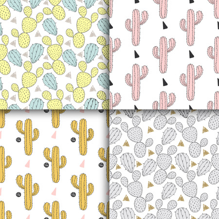 Cactus set seamless pattern, vector illustration. Hand drawn cacti, desert plant in doodle style for art therapy, poster, card, textile, wallpaper templateのイラスト素材