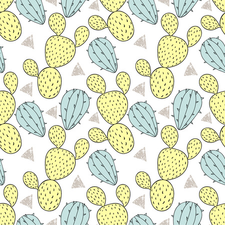 Color cactus seamless pattern, vector illustration. Hand drawn cacti, desert plant in doodle style for art therapy, poster, card, textile, wallpaper templateのイラスト素材
