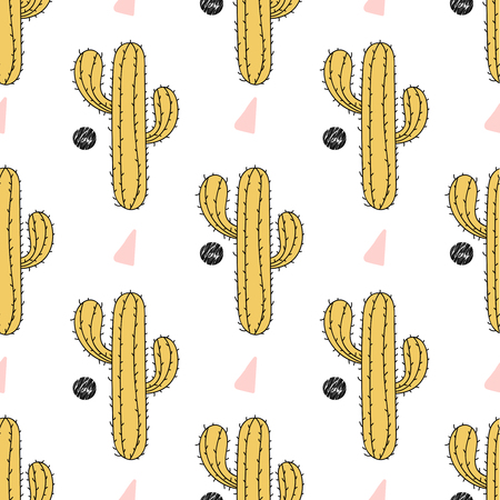 Cactus seamless pattern, vector illustration. Hand drawn desert plant in doodle style for art therapy, poster, card, textile, wallpaper templateのイラスト素材