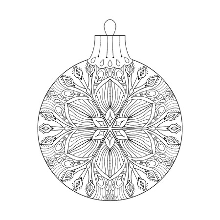 Vintage vector Christmas ball with mistletoe, New Year 2017 freehand decoration element. Artistic patterned illustration for adult coloring book pages. books, art therapy. Winter symbol Isolated on whiteのイラスト素材