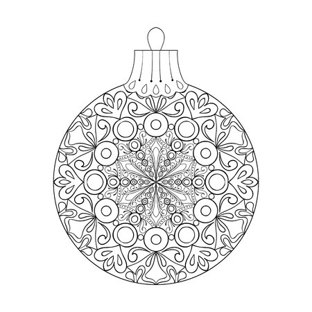 Vector vintage Christmas ball for tree, zentangle freehand decoration element. Winter isolated symbol. Artistic patterned illustration for adult coloring book pages. books, art therapy.のイラスト素材
