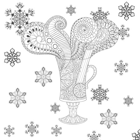 Vector glass of hot mulled wine in zentangle, doodle style. Sketch for tattoo, postcards, adult anti stress coloring page.のイラスト素材
