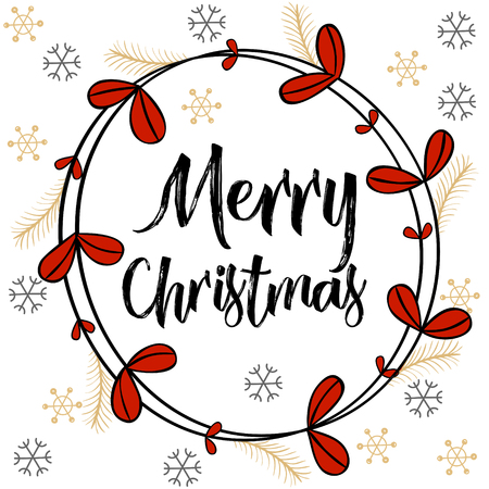Christmas modern calligraphy. Hand drawn brush lettering in pastel color palette, floral winter wreath, snow flakes. Greeting card template, banner.のイラスト素材