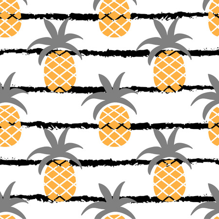 Vector pineapple seamless pattern with stripe, line in ethnic modern style for textile, fabric, wallpaper design. Abstract fruit background illustration.のイラスト素材