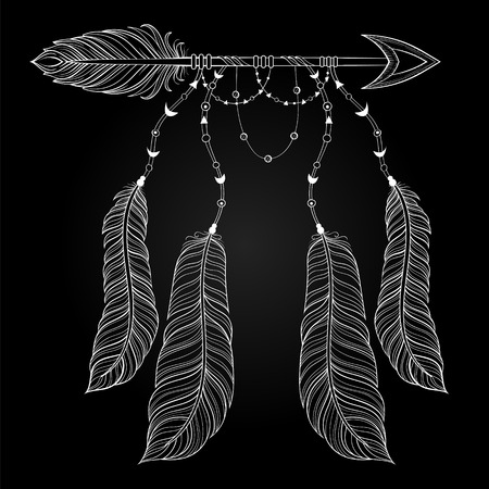 Vector ethnic white Arrow with bird feathers, boho style concept. American zentangle illustration for adult coloring pages, art therapy, t-shirt tribal print, tattoo design.のイラスト素材