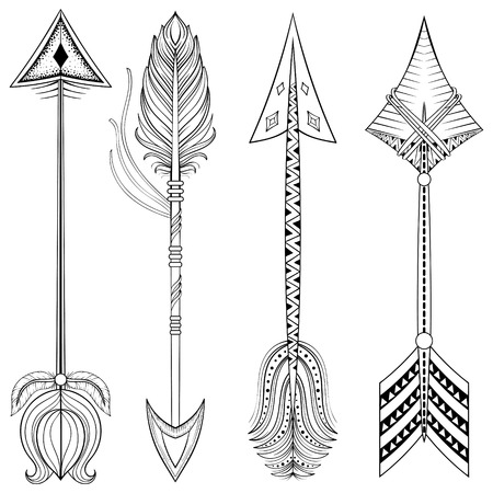 Vector ethnic Arrows in zentangle design,concept. Hand drawn American illustration for t-shirt tribal print. Henna black tattoo art.のイラスト素材