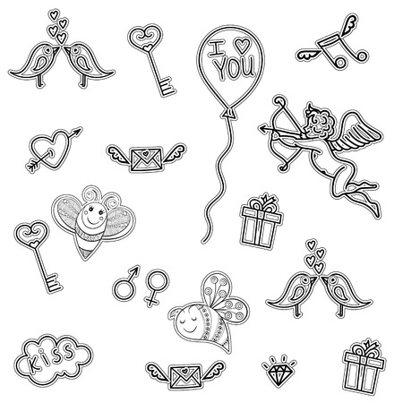 Line art doodle love symbols for St Valentine Day, vector hand drawn cartoon set of lovely objects and signs. Fashion monochrome patch stickers pins badges isolated.のイラスト素材