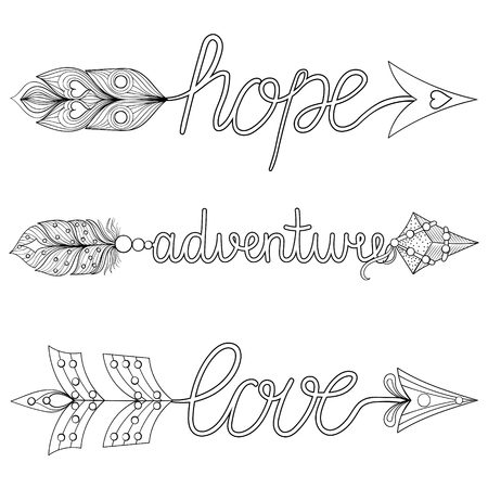 Bohemian Arrows hand painted signs boho, adventure, hope with feathers. Decorative American native symbol for adult coloring pages, ethnic patterned t-shirt print, tribal style. Tattoo design.のイラスト素材