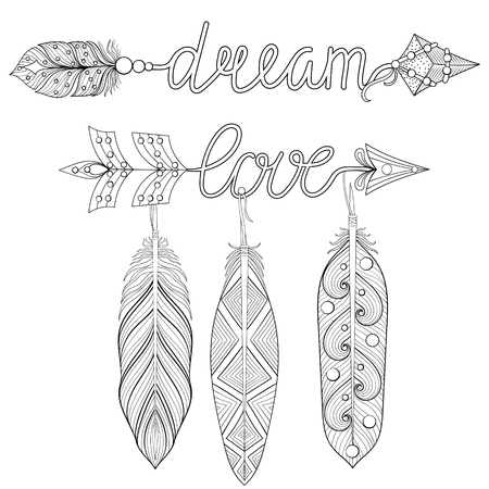 Bohemian Dream, love Arrows set with feathers for adult coloring pages, art therapy, ethnic patterned t-shirt print, Boho chic tribal style. Doodle Illustration, henna tattoo design.のイラスト素材