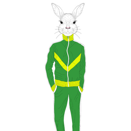 Vector brutal rabbit boy in sport suit 90s. Hand drawn anthropomorphic animal cartoon, cheerful fashion bunny in sportwear, illustration for t-shirt print, kids greeting card, invitation for party.のイラスト素材