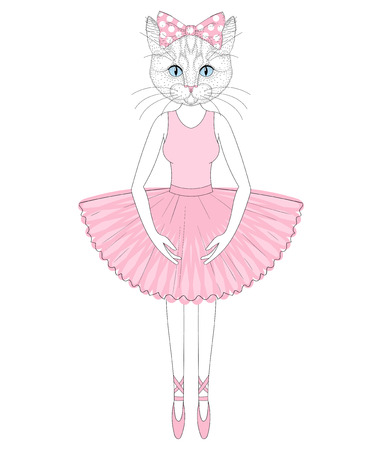 Vector cute cat in dress like ballerina. Hand drawn anthropomorphic kitty, illustration for t-shirt print, kids greeting card, invitation for pet party.のイラスト素材