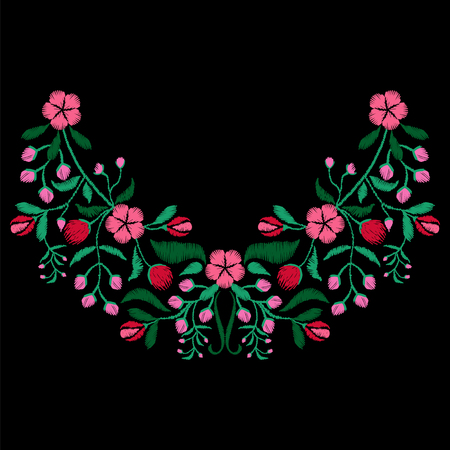 Color embroidery with flower necklace for fabric, textile floral print. Fashion design for girl wear decoration. Tradition ornamental pattern. Vector illustration.のイラスト素材