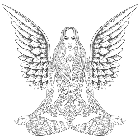 Ornate boho woman for adult coloring pages, yoga studio symbol, gypsy soul, hand drawn ethnic motif.のイラスト素材
