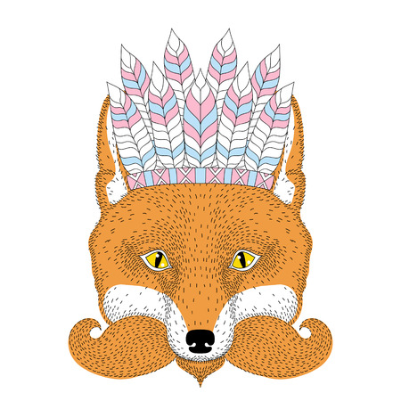 Cute boho red fox portrait, face with war bonnet french mustache. Hand drawn anthropomorphic fashion animal illustration for t-shirt print, kids greeting card, invitation, tattoo design.のイラスト素材