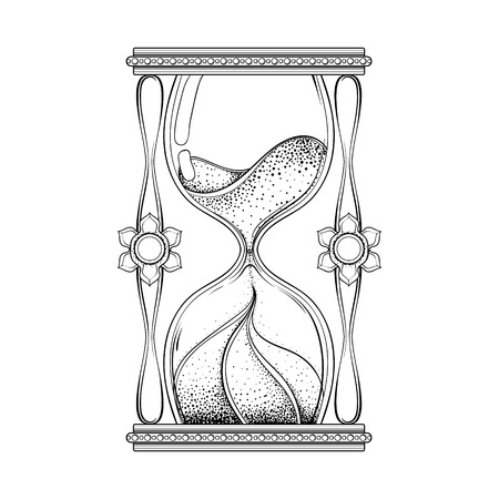 Vintage antique wizard hourglass in dotwork tattoo design for alchemist t-shirt print, adult coloring book, pages. Hand drawn sand timer vector illustration, monochrome sketch.のイラスト素材