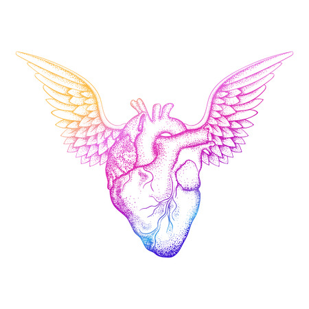 Realistic human heart with wings for St Valentine day greeting cards, love symbol, template for invitation. Boho tattoo design.のイラスト素材