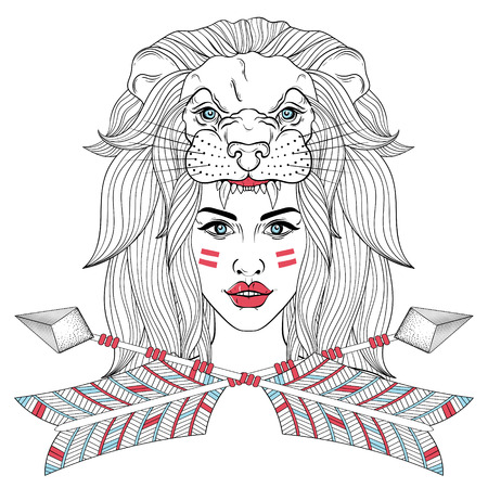 Girl portrait with lion head mask, lion face, woman with boho tribal arrows.のイラスト素材