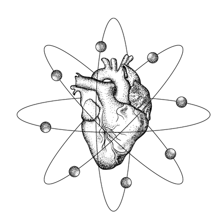 Realistic human heart with wings like atom with electrons.のイラスト素材