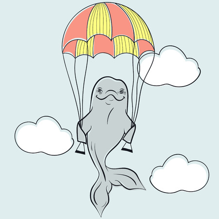 Cute bottle nose sea dolphin flying on parachute in hand drawn doodle style. Vector illustration for t-shirt print, kids wear.のイラスト素材
