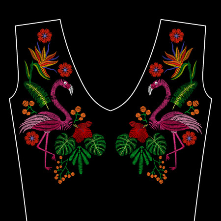 Embroidery stitches with flamingo bird, tropic wild flowers for neckline. fashion ornament on black background for fabric traditional folk decoration.のイラスト素材