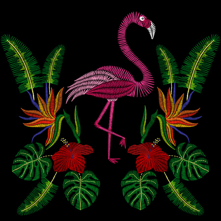 Embroidery stitches with flamingo bird, tropic hibiscus flowers.  fashion ornament on black background for textile, fabric traditional folk decoration.のイラスト素材